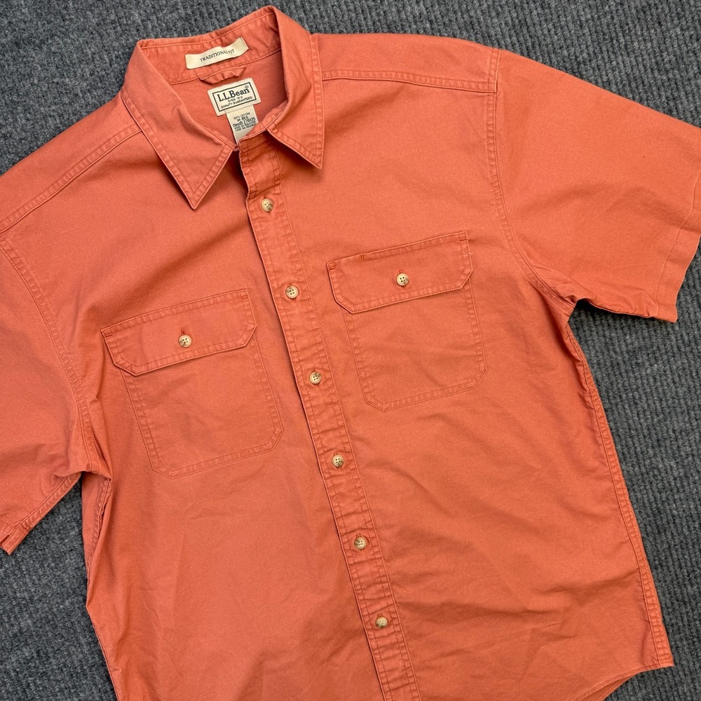 LL Bean Shirt Mens Medium Brick Red Orange Sunwashed Canvas Workshirt Chore Hike